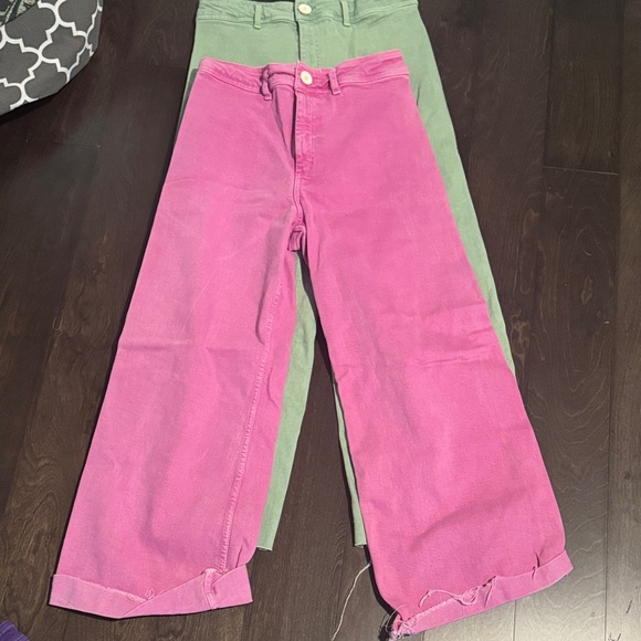 Zara Pink and Green Flare Jeans - Picture 1 of 1